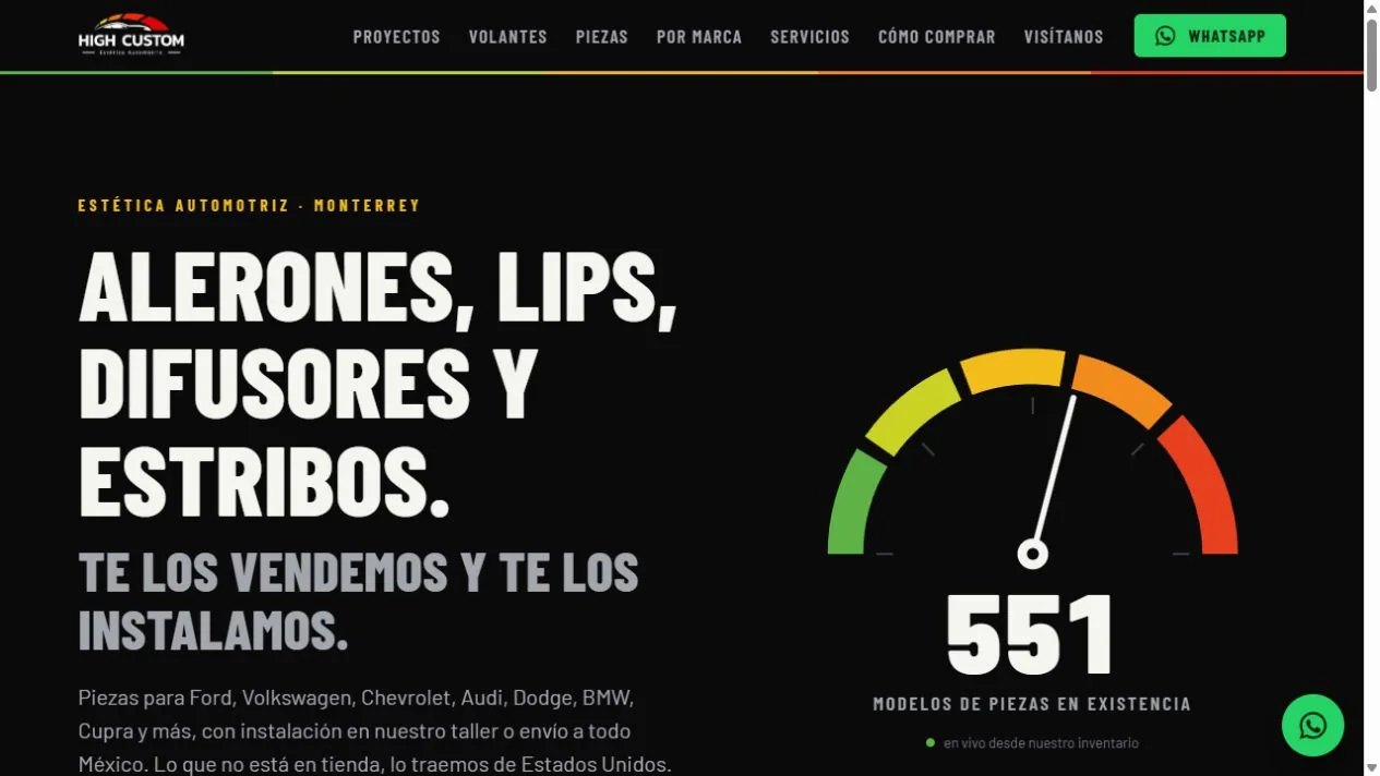 Captura del sitio de High Custom: catálogo automotriz y cotización