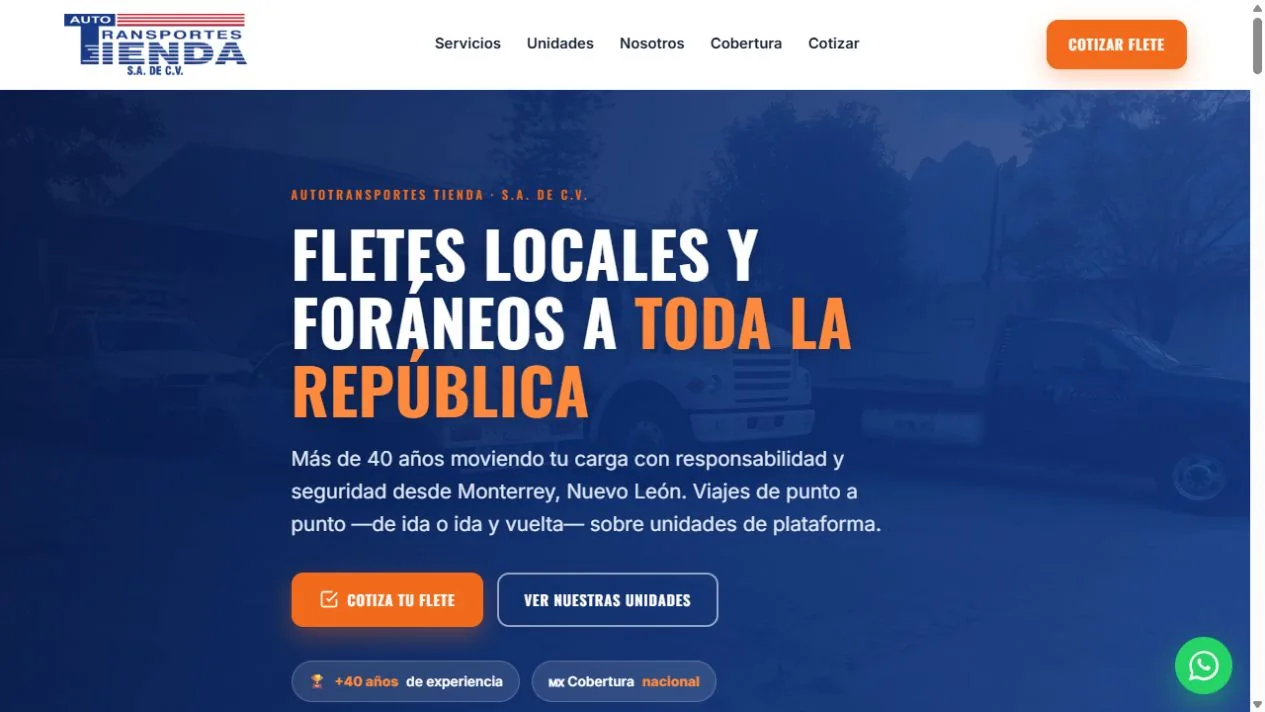 Captura del sitio público de AutoTransportes Tienda, desarrollado por CIS